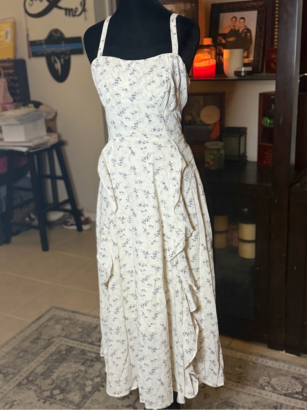 Cream Floral Ruffle Midi Dress with Slim Straps